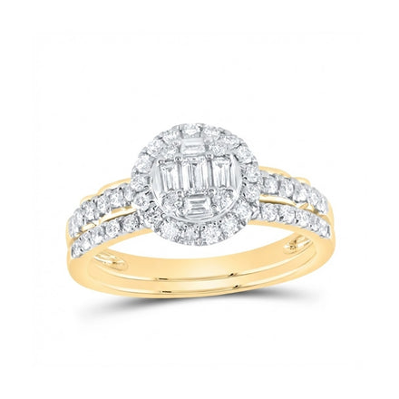 The 3/4 CTW Natural Diamond Round Bridal Set in 14k Gold features a round diamond cluster with baguette and round diamonds, a halo of smaller diamonds, and additional diamonds on the elegant split band.