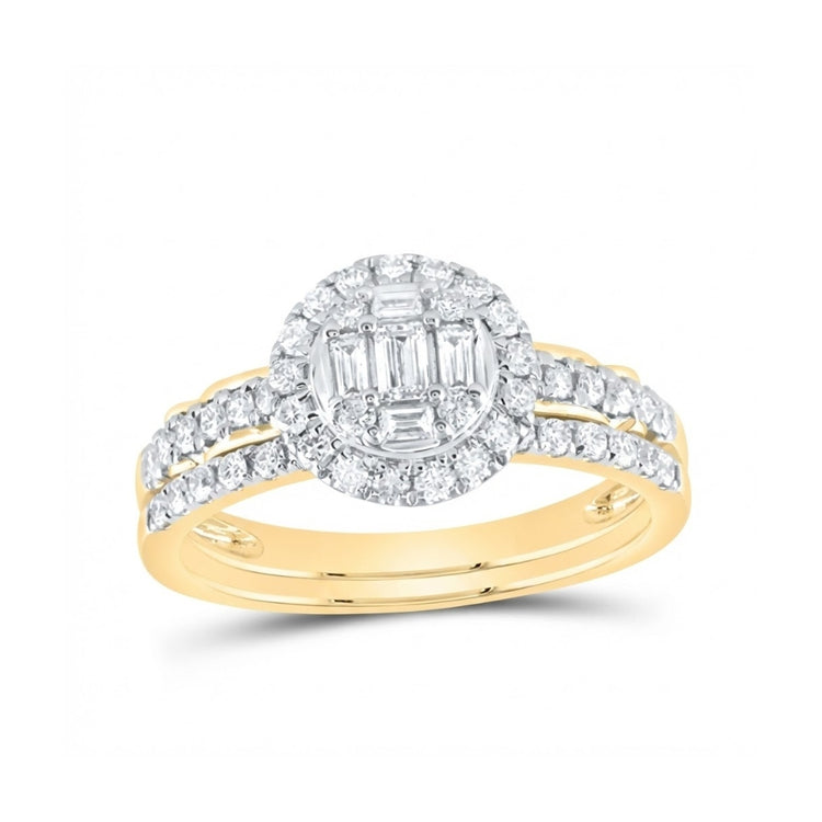The 3/4 CTW Natural Diamond Round Bridal Set in 14k Gold features a round diamond cluster with baguette and round diamonds, a halo of smaller diamonds, and additional diamonds on the elegant split band.