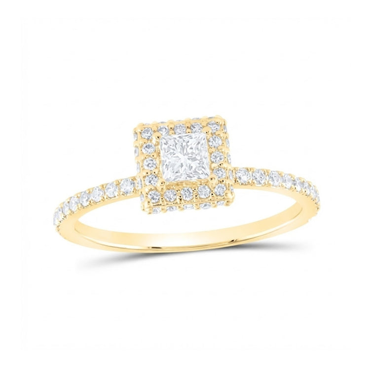 The 3/4CTW Diamond Halo Engagement Ring in 14k gold showcases a square diamond cluster at the center, accented by a sparkling halo and diamonds along the band in yellow and white gold.