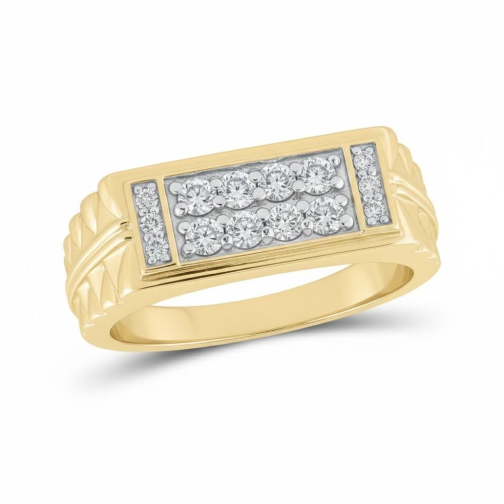 The 10k Gold Round Diamond Band Ring 1/2 Cttw features a rectangular center with two rows of diamonds, surrounded by smaller diamonds and decorative engravings on the band.