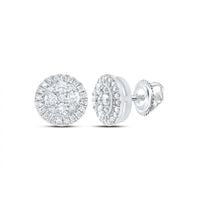 The Halo 1/2ctw Round Diamond Earrings feature a central cluster of natural diamonds with a halo of smaller stones, set in 14k gold and secured with screw-back posts.