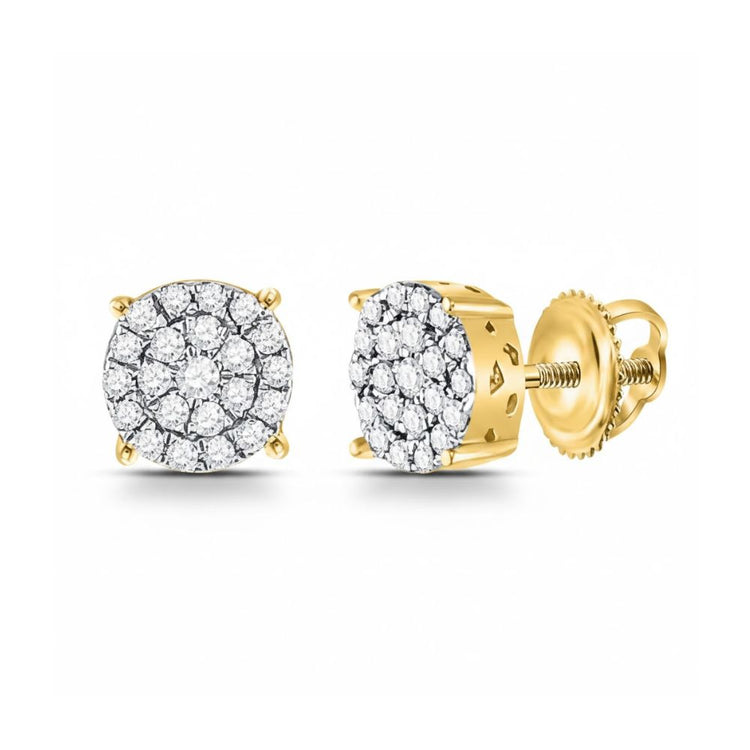 The 10k Gold Diamond Cluster Earrings 1/4 Cttw feature round white diamonds in a cushion-shaped setting, displayed from front and side views against a white background.