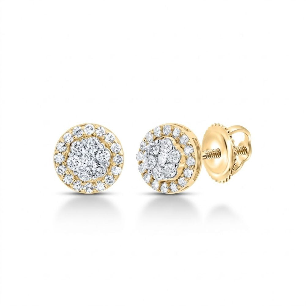 The 1/2CT Diamond Flower Earrings in 10K gold feature a sparkling diamond cluster with a halo of smaller diamonds and secure screw-back closures—perfect natural diamond studs for everyday elegance.