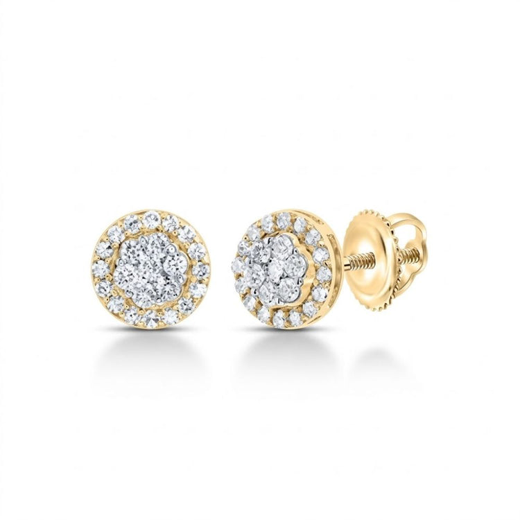 The 1/2CT Diamond Flower Earrings in 10K gold feature a sparkling diamond cluster with a halo of smaller diamonds and secure screw-back closures—perfect natural diamond studs for everyday elegance.