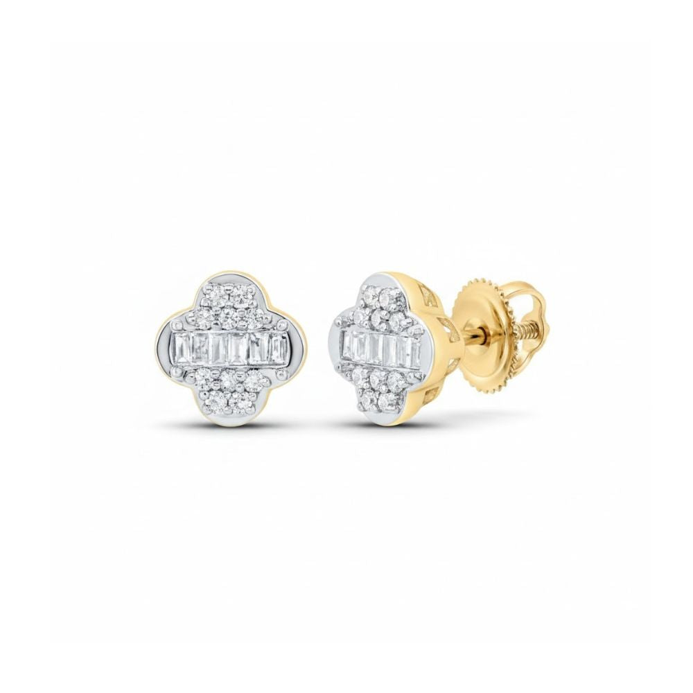 The 1/6CT Diamond Clover Earrings in 10k gold feature a stud design with round and baguette diamonds and secure screw-back closures, displayed on a white background.