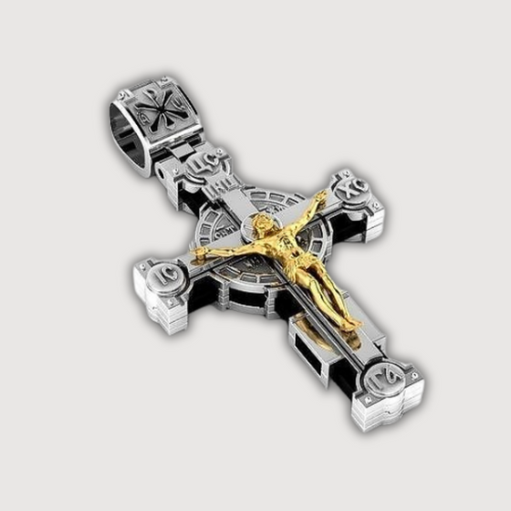 Two-tone gold Orthodox cross pendant with intricate design and detailed craftsmanship.