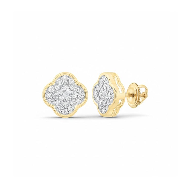 Diamond Clover Earrings in 10k Yellow & White Gold, featuring small natural diamonds, shown from front and side against a white background.