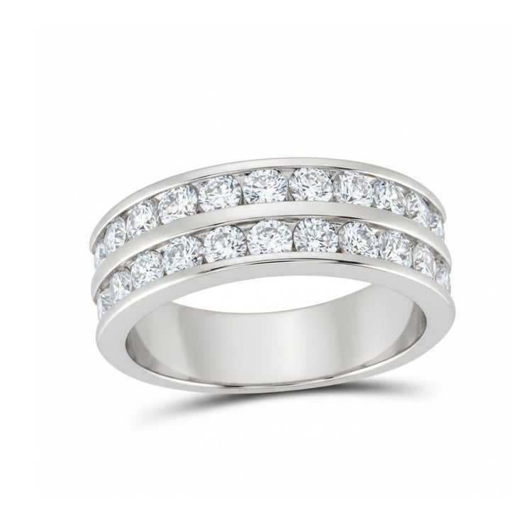The 14k Gold Double Row Diamond Wedding Band – 2 Cttw showcases channel-set round diamonds in white gold, offering a modern and elegant touch.