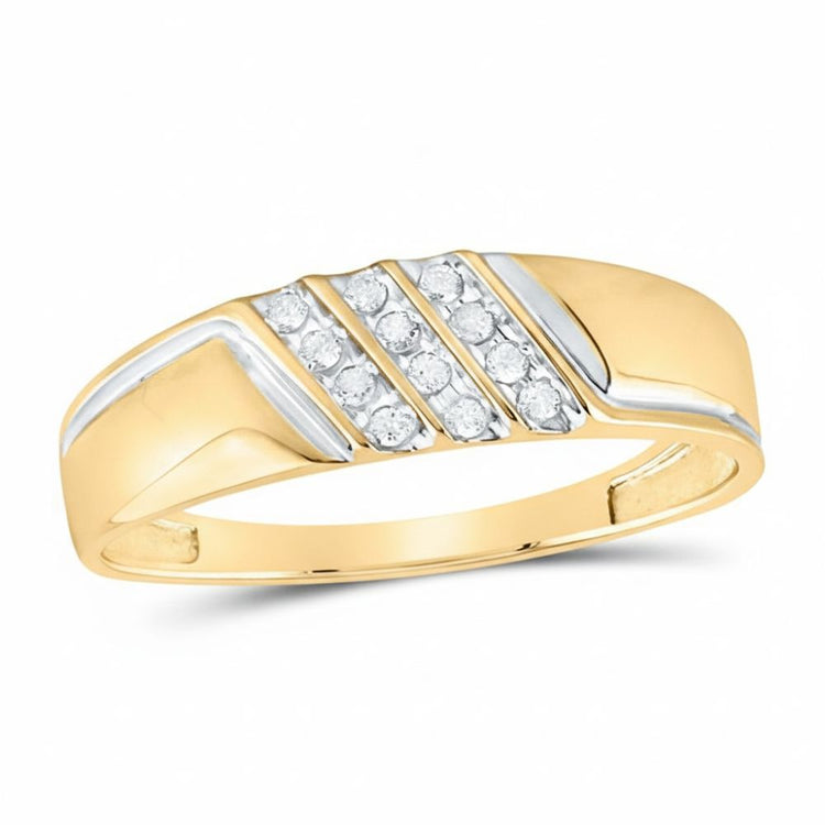 The 10k Gold Diamond Diagonal Triple Row Wedding Band 1/8 Cttw features a wide band with sparkling diamonds set diagonally and accented by white gold or silver inlays on each side.