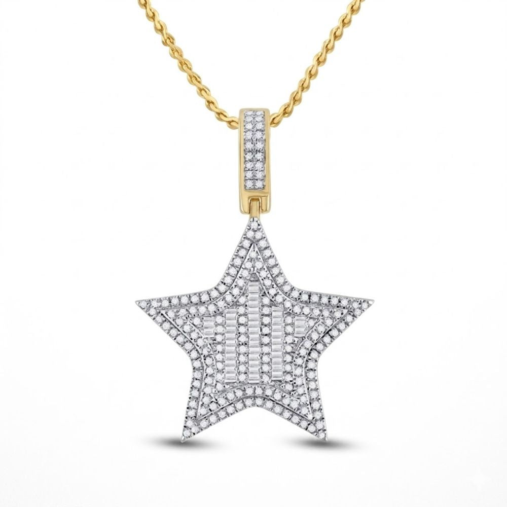 The 14K Gold Diamond Star Charm Pendant (3/4 CTTW) features a star-shaped design encrusted with diamonds and a rectangular diamond-studded bail, set in yellow gold.