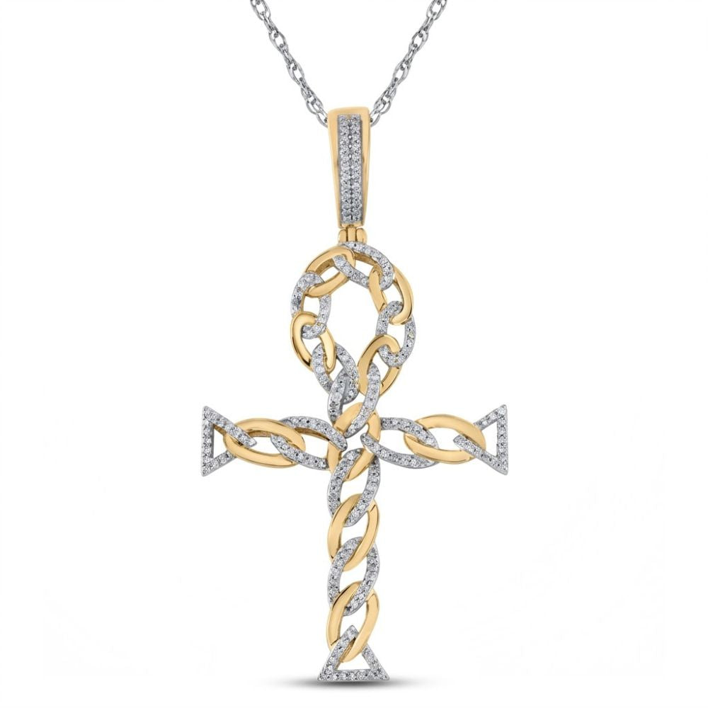 The 10K Gold Diamond Ankh Cross Pendant 3/8 CTW features a twisted rope design with intricate diamond accents outlining the symbol, hanging from a silver chain.