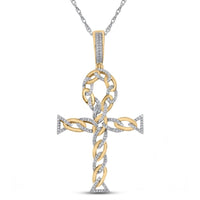The 10K Gold Diamond Ankh Cross Pendant 3/8 CTW features a twisted rope design with intricate diamond accents outlining the symbol, hanging from a silver chain.