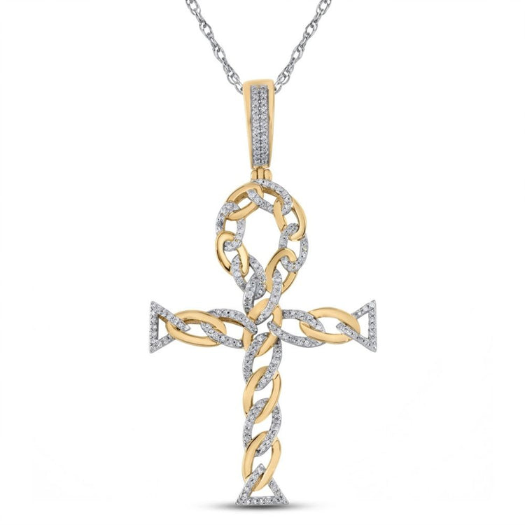 The 10K Gold Diamond Ankh Cross Pendant 3/8 CTW features a twisted rope design with intricate diamond accents outlining the symbol, hanging from a silver chain.