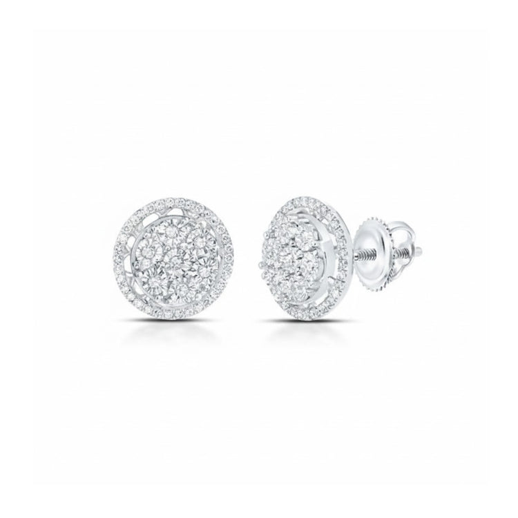 The 1/3CTW Natural Round Diamond Earring features a clustered design of sparkling natural round diamonds set in 10k white gold with secure screw-back closures, shown against a white background.