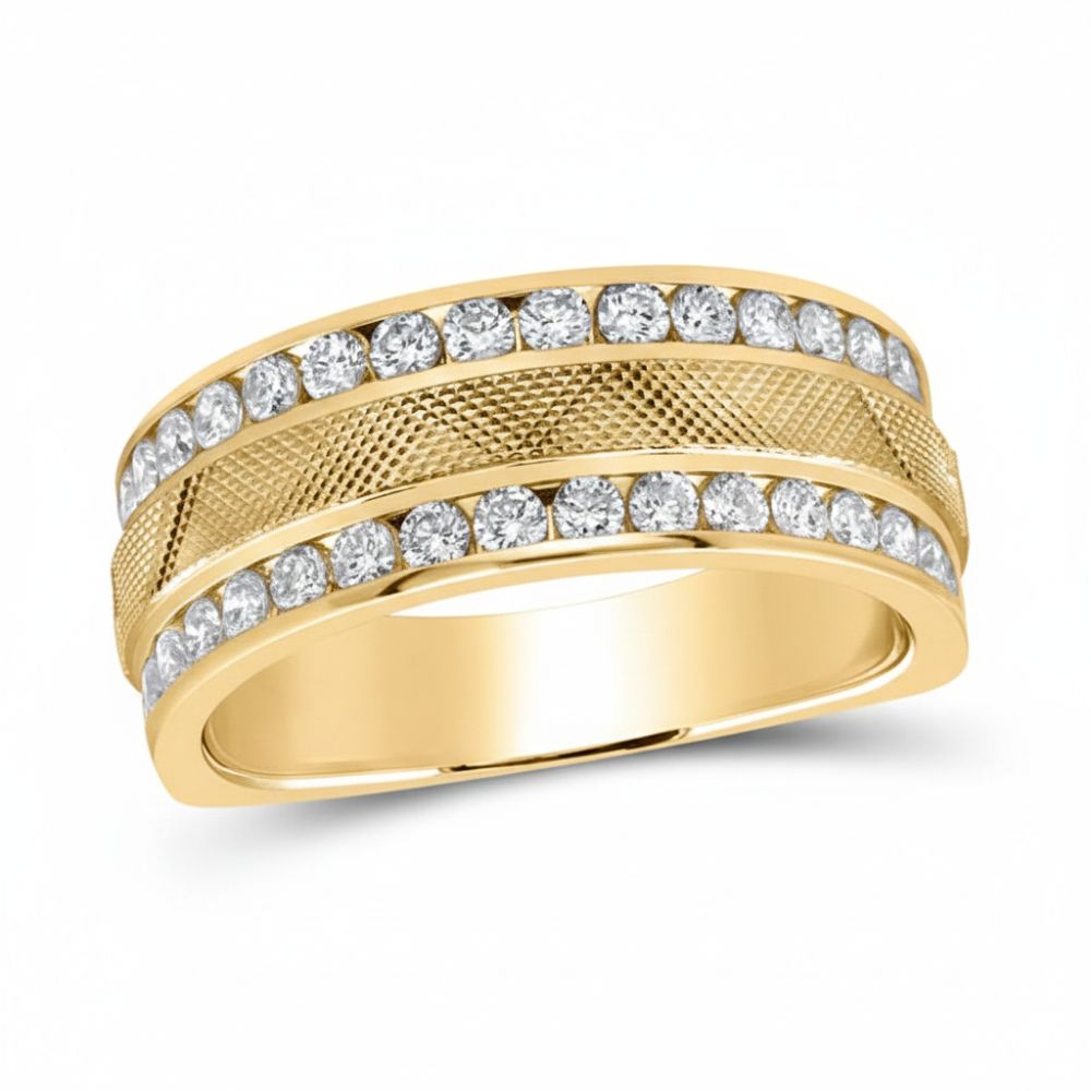 The 14k Yellow Gold Diamond Double Row Wedding Band 1 Cttw features a textured gold center and two rows of round white diamonds, beautifully set against a white background.