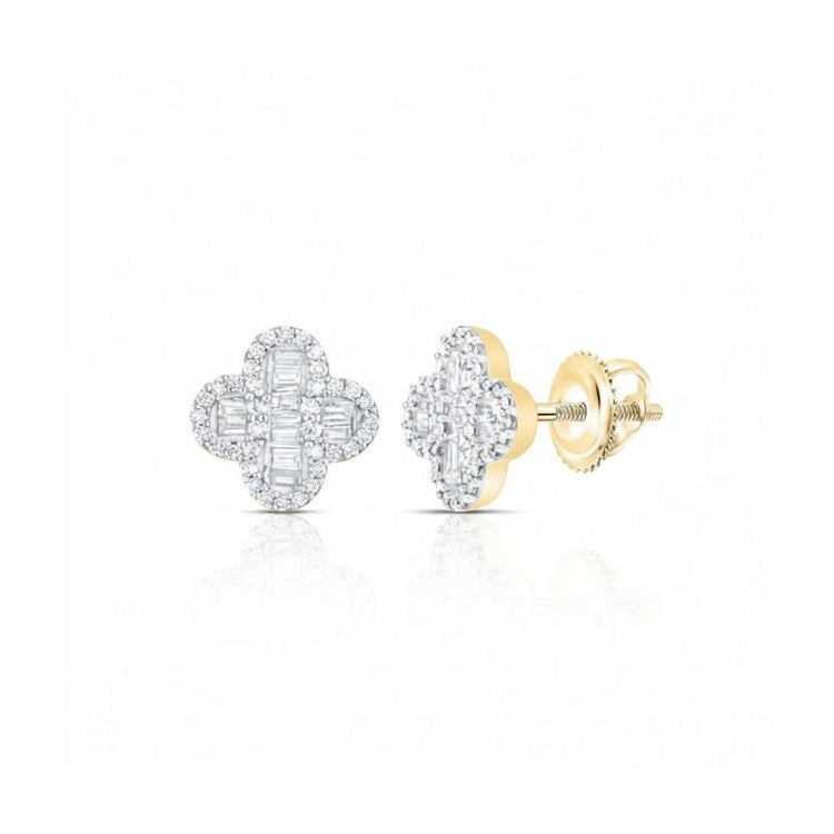 3/8CTW Natural Diamond Clover Earrings in 10k Gold, featuring a clover-shaped design with sparkling diamonds, shown from front and side on a white background.