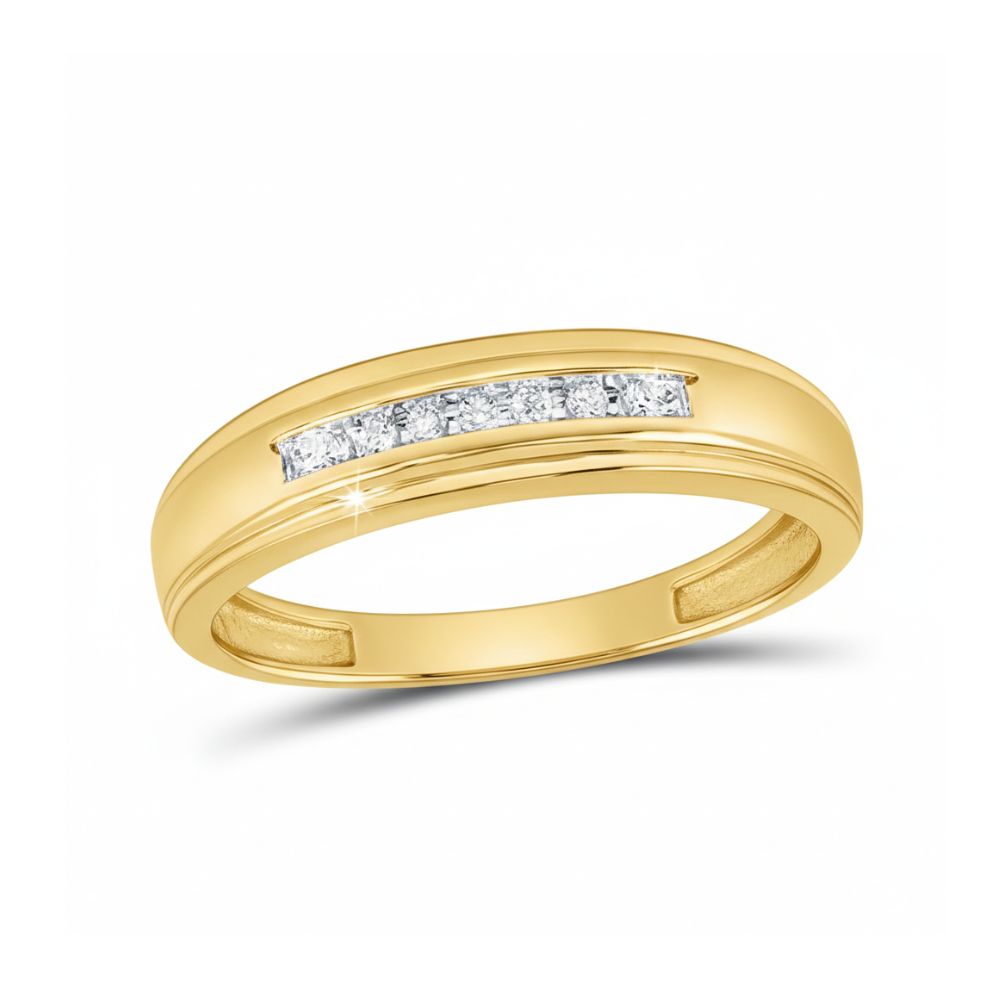 The 10k Gold Round Diamond Wedding Band – 1/12 Cttw features a row of channel-set diamonds across the top, shown against a white background.