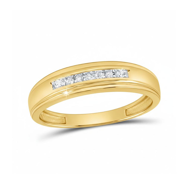 The 10k Gold Round Diamond Wedding Band – 1/12 Cttw features a row of channel-set diamonds across the top, shown against a white background.