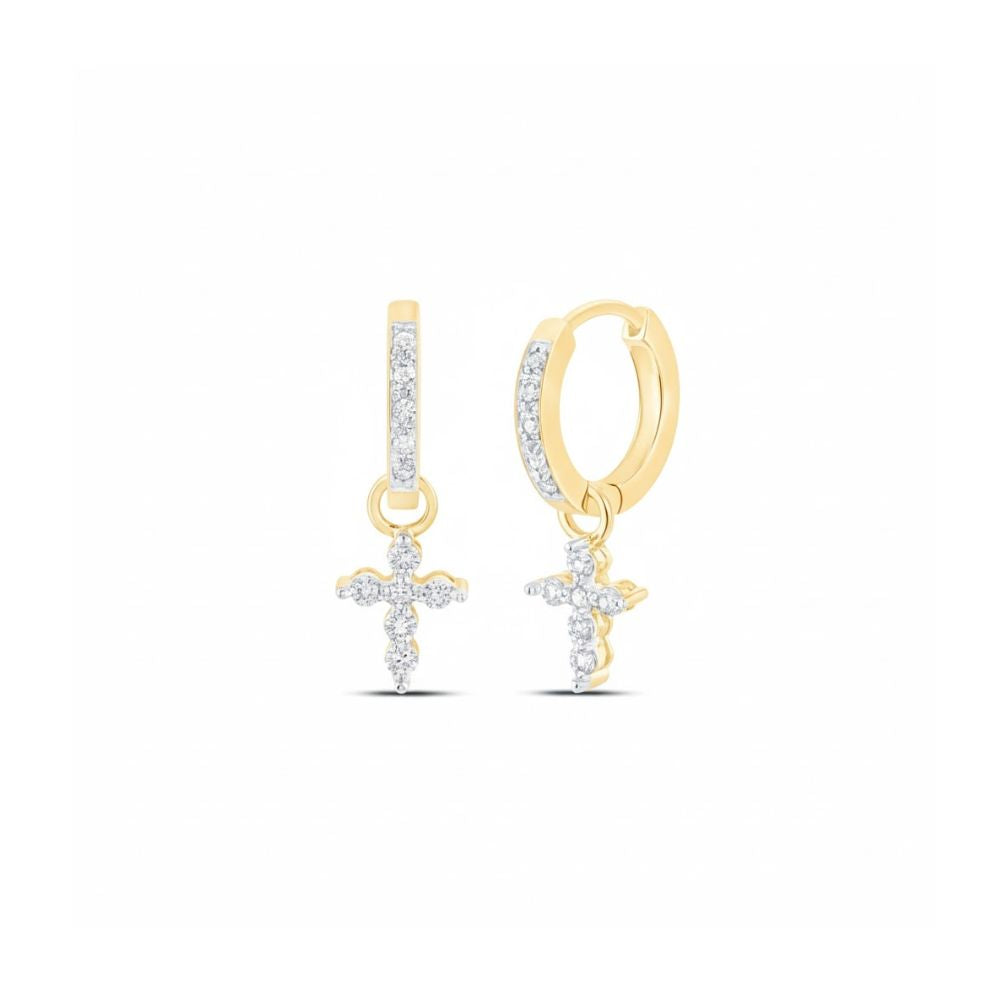 1/8CTW round diamond cross hoop dangle earrings in 10K yellow gold, featuring small dangling cross charms set with sparkling diamonds, displayed on a white background.