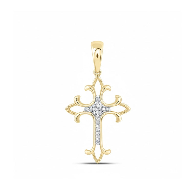1/12CTW Diamond Fashion Cross Pendant in 10K gold features curved ornate edges and a center lined with sparkling diamonds—a sophisticated fashion jewelry piece displayed on a white background.