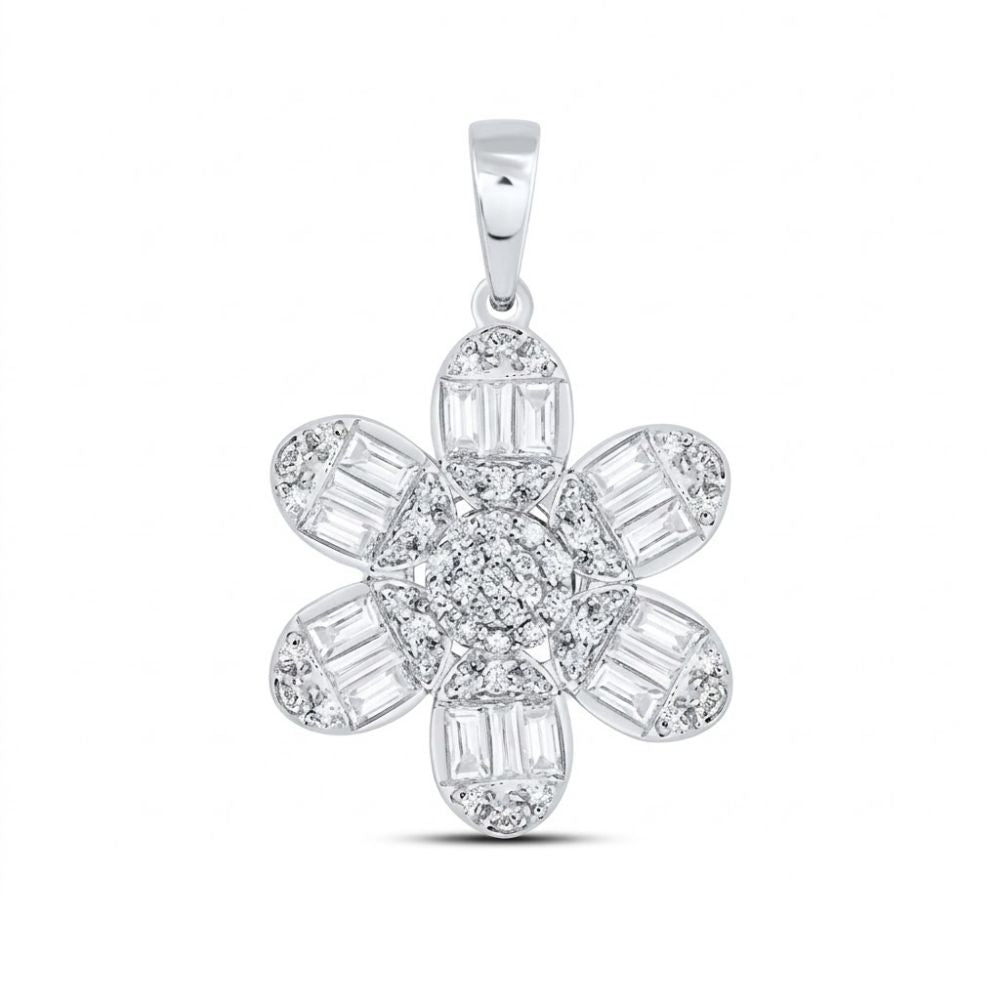 The 14K White Gold Diamond Flower Pendant 1/2 CTW features a six-petal floral design with rectangular and round diamonds and a sparkling center cluster, offering an elegant look against a white background.