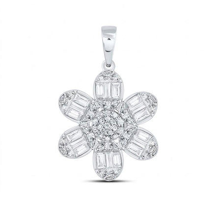 The 14K White Gold Diamond Flower Pendant 1/2 CTW features a six-petal floral design with rectangular and round diamonds and a sparkling center cluster, offering an elegant look against a white background.