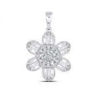 The 14K White Gold Diamond Flower Pendant 1/2 CTW features a six-petal floral design with rectangular and round diamonds and a sparkling center cluster, offering an elegant look against a white background.