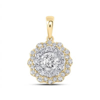 The 10k Gold Diamond Fashion Pendant 3/4 Cttw features a flower-inspired design with a 3/4 carat center diamond, two rows of accent diamonds, and a simple polished bail for an elegant finish.