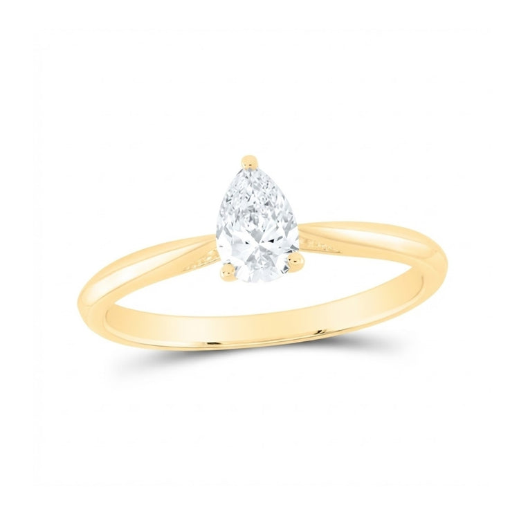 The 1/2CT Pear Diamond Solitaire Ring in 14k Gold features a natural pear diamond set in a prong on a slim gold band.
