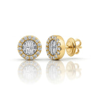The 1/5CTW Diamond Earrings 10K are round gold earrings with a central cluster of baguette-cut diamonds, haloed by small round diamonds, shown on a white background.