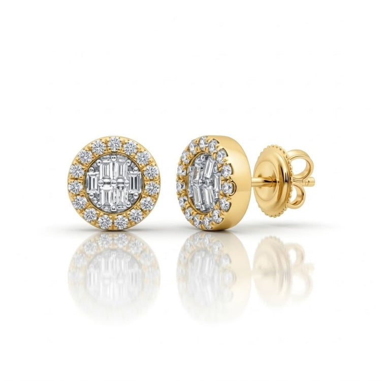 The 1/5CTW Diamond Earrings 10K are round gold earrings with a central cluster of baguette-cut diamonds, haloed by small round diamonds, shown on a white background.