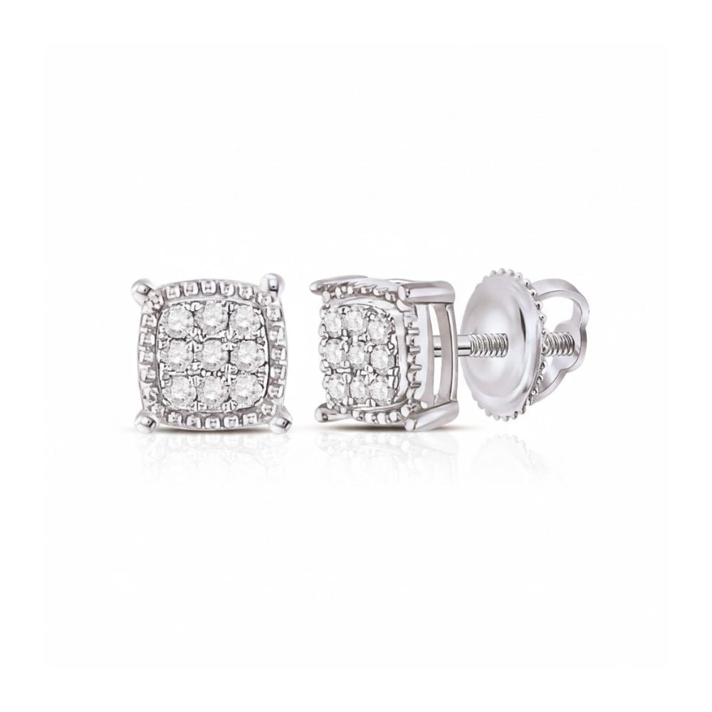 The 10kt Gold Diamond Square Cluster Earrings feature diamond studs surrounded by a halo of smaller diamonds and secure screw-back posts, shown on a white background.