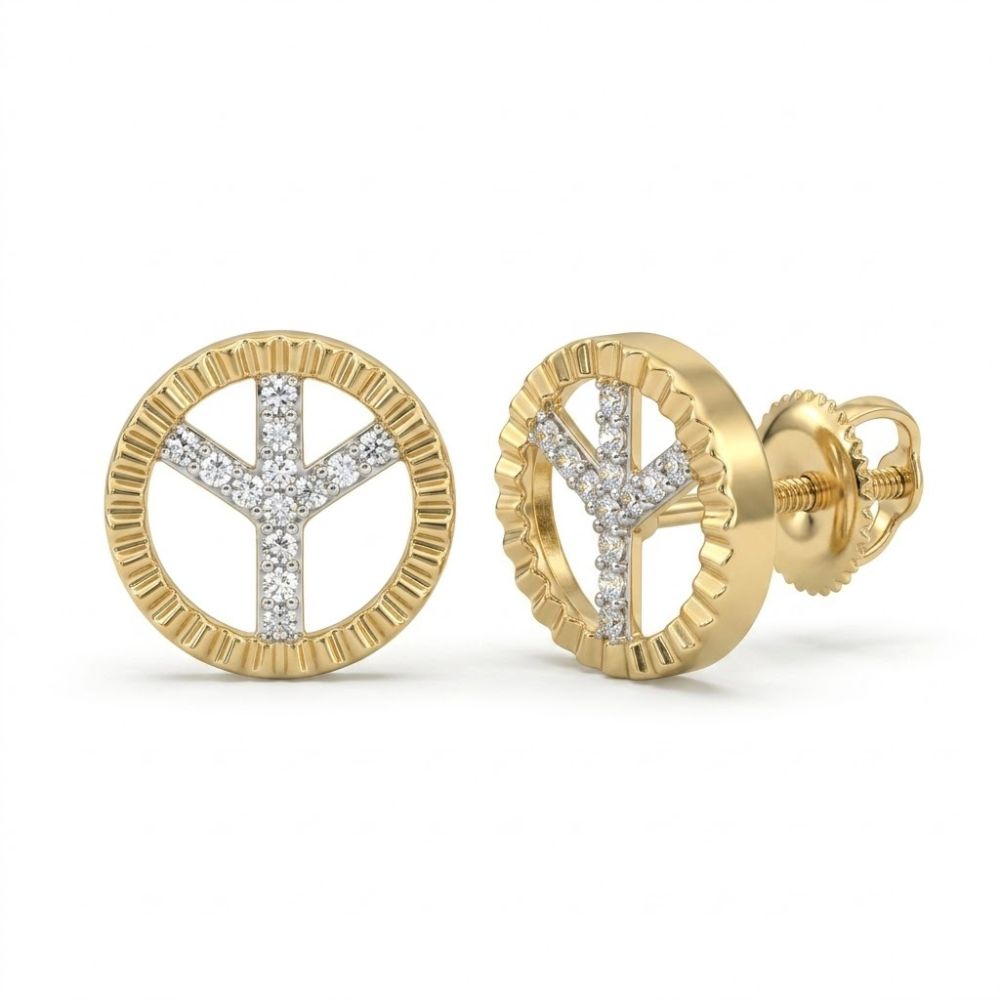 1/10CTW Natural Diamond Round Earrings in 10K Gold featuring a peace sign design, accented with natural diamonds and a textured edge, displayed with screw-back closures on a white background.