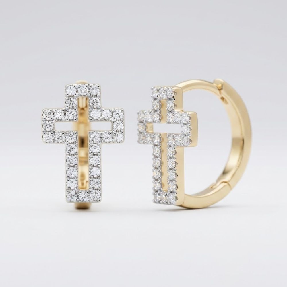 10k Gold Diamond Cross Huggie Hoop Earrings 1/3CTW, featuring cross-shaped charms set with sparkling natural diamonds, are displayed against a clean white background.