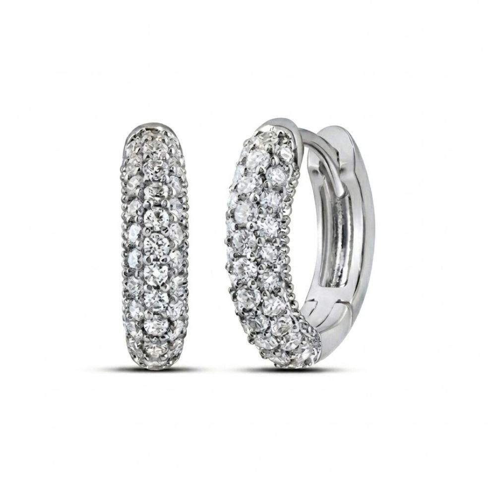 5/8CTW Diamond Fashion Hoop Earrings in 14K gold, featuring multiple round sparkling stones, are displayed against a plain white background.