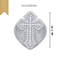 The Moissanite Cross Religious Ring showcases a cross design encrusted with sparkling gemstones, embodying elegance and faith. The word GOLDZENN is displayed above this striking piece of jewelry.