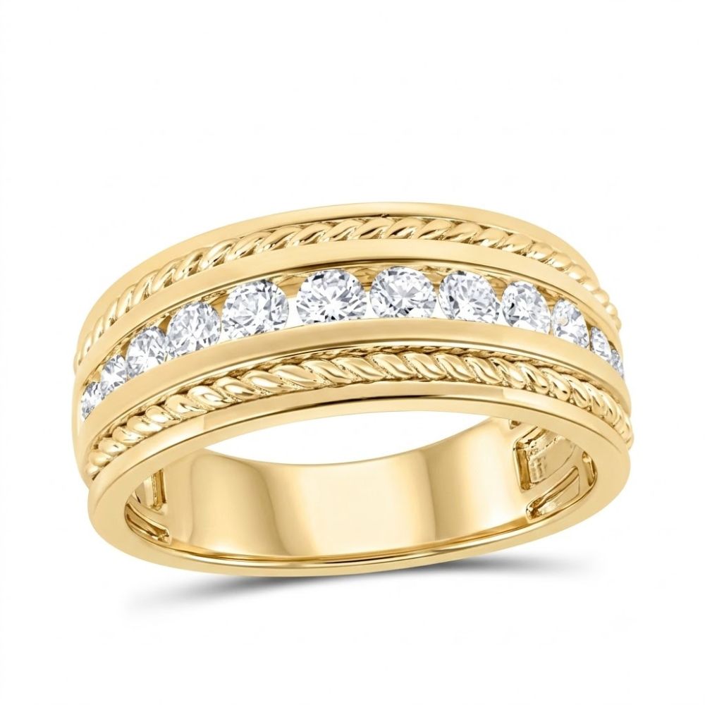 The 3/4CTW Diamond Mens Band 10K Gold Ring features a central row of round white diamonds with twisted rope-like gold borders, creating a bold, polished, and sophisticated look.