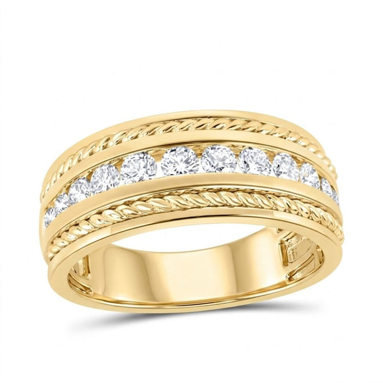 The 3/4CTW Diamond Mens Band 10K Gold Ring features a central row of round white diamonds with twisted rope-like gold borders, creating a bold, polished, and sophisticated look.
