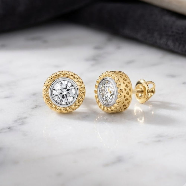 A 1/2CTW Diamond Solitaire Men’s Earring in 10K gold, featuring a natural diamond set in a finely crafted gold setting, displayed on a white marble surface.