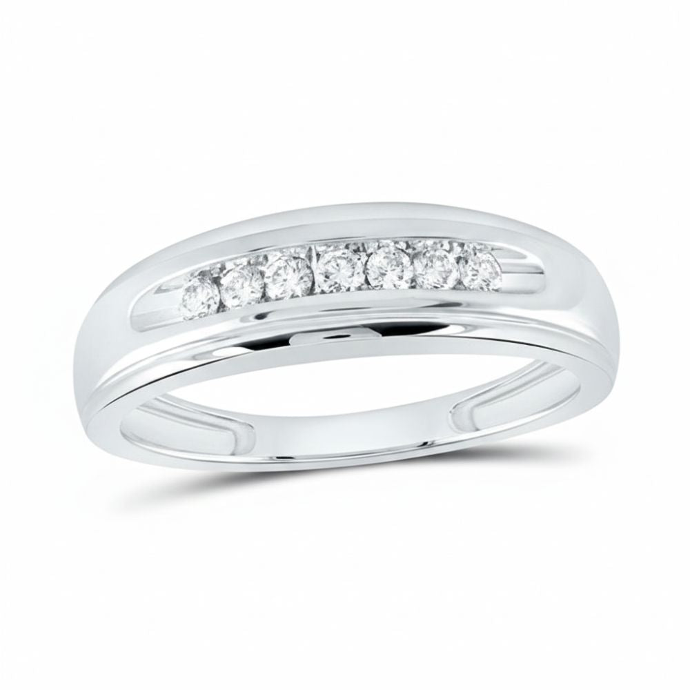 The 10k White Gold Round Diamond Wedding Band 1/4 Cttw features seven round diamonds in a horizontal channel, offering a polished look and timeless elegance suitable for any wearer.