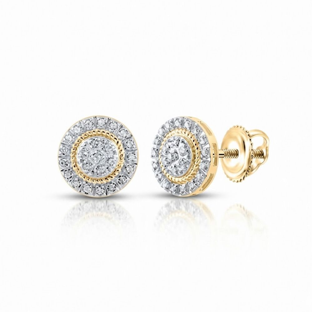 The 10K Gold Round Diamond Cluster Earrings 1/8 Cttw feature a central round diamond with two concentric diamond halos and secure screw-back closures.
