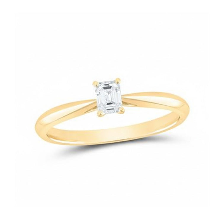 The 1/4CT Diamond Emerald Solitaire Ring in 14K gold features an elegant, slender band and a stunning emerald-cut diamond in a four-prong setting for timeless appeal.