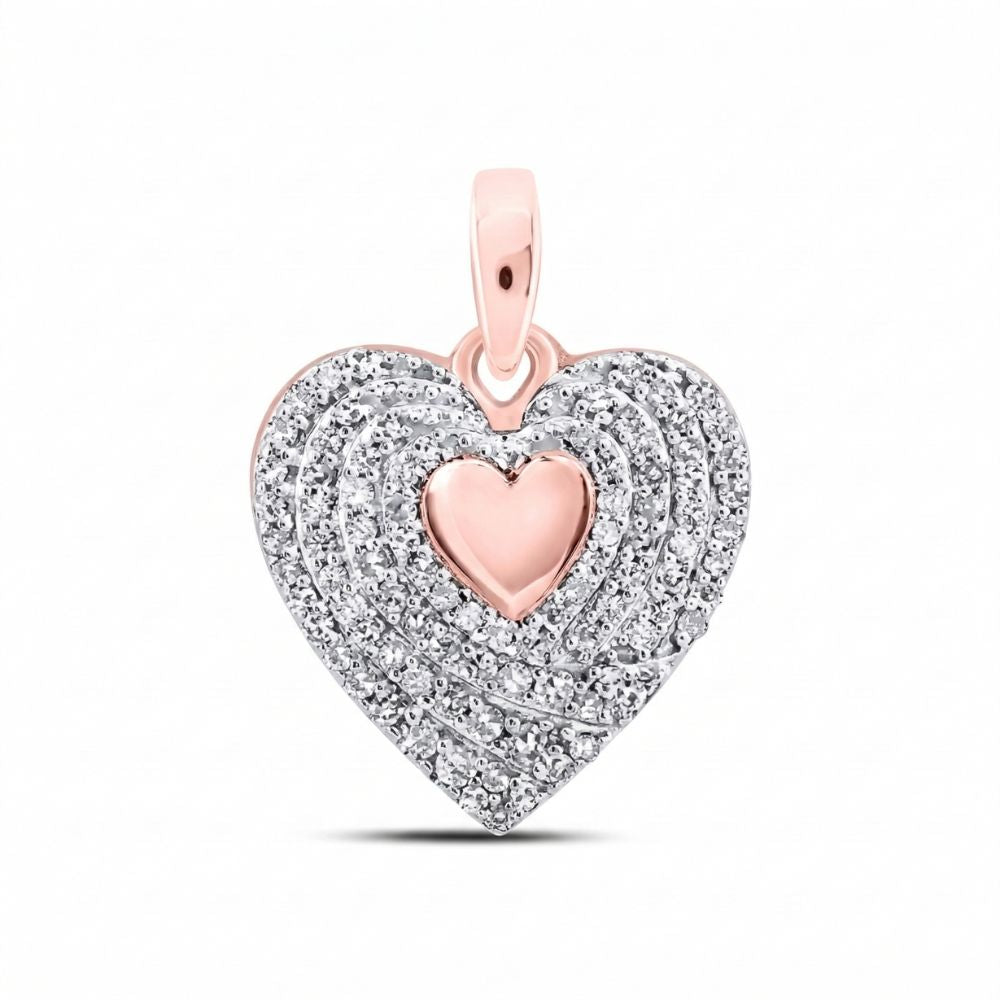 The 10k Gold Diamond Heart Pendant 1/4 Cttw features a rose gold center, concentric rows of sparkling white stones, and a rose gold bail, beautifully crafted in Nicole’s Dream Collection.