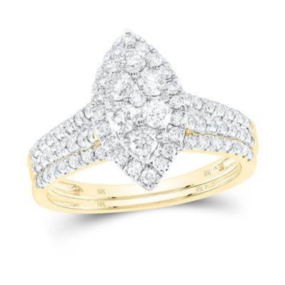 1CTW Fashion Round Diamond Cluster Bridal Wedding Ring Set - 10k Yellow Gold