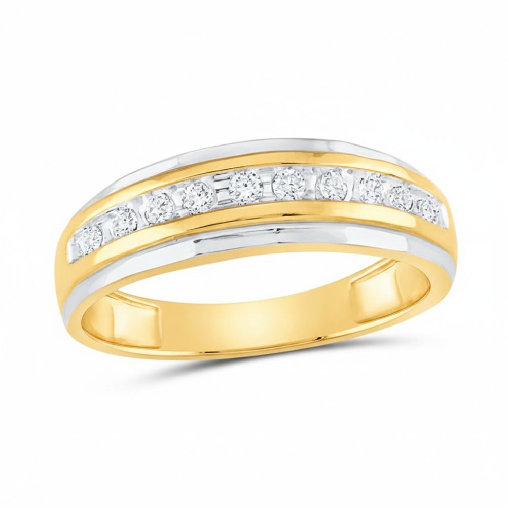 The 10k Two-Tone Gold Diamond Wedding Band – 1/4 Cttw features a row of round diamonds in a central channel and sleek white gold edges, displayed on a white background.