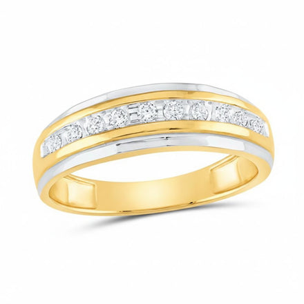 The 10k Two-Tone Gold Diamond Wedding Band – 1/4 Cttw features a row of round diamonds in a central channel and sleek white gold edges, displayed on a white background.