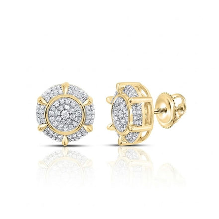 The 1/2 CTTW Natural Diamond Round Men’s Earring in 10K gold features pavé-set natural diamonds in a floral pattern with secure screw-back clasps, shown against a white background.