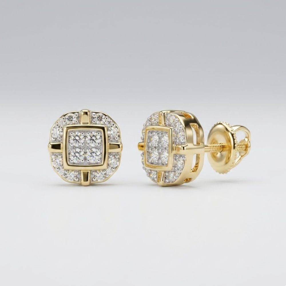 The 10k Gold Diamond Rounded Square Earrings 1/12 Cttw feature diamond-studded rounded square centers with gems set in a geometric pattern around the edges, shown against a plain light background.