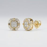 The 10k Gold Diamond Rounded Square Earrings 1/12 Cttw feature diamond-studded rounded square centers with gems set in a geometric pattern around the edges, shown against a plain light background.