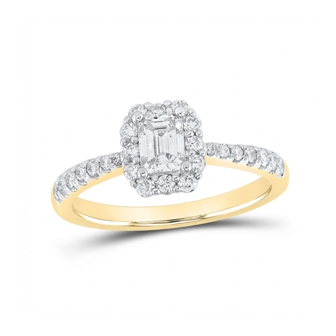 The 14k Gold Emerald Diamond Halo Engagement Ring 7/8 Cttw showcases a rectangular emerald-cut center diamond, haloed by smaller diamonds with extra stones along the band for added brilliance.